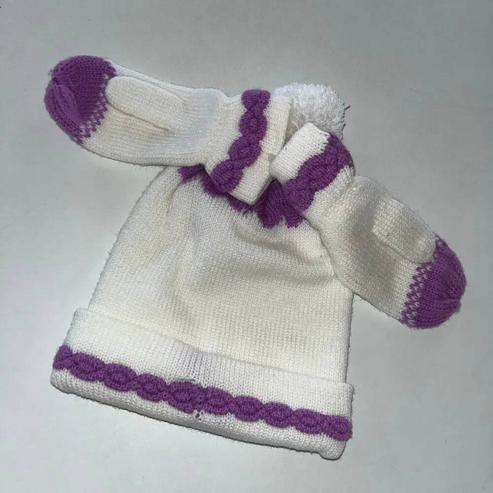Vintage Girls Disney Snow White Winter Mitten and Beanie Purple/White Set (0862)